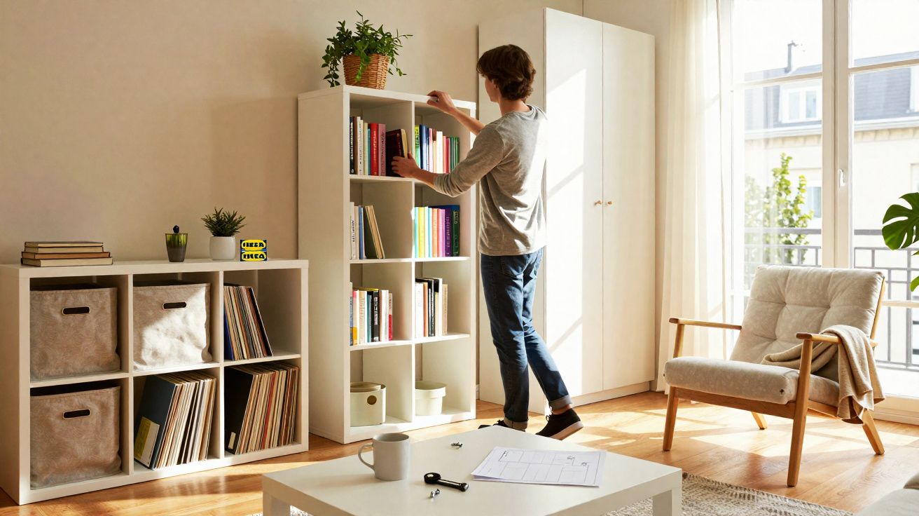Homem organiza livros em estante branca numa sala clara com móveis minimalistas e luz natural.