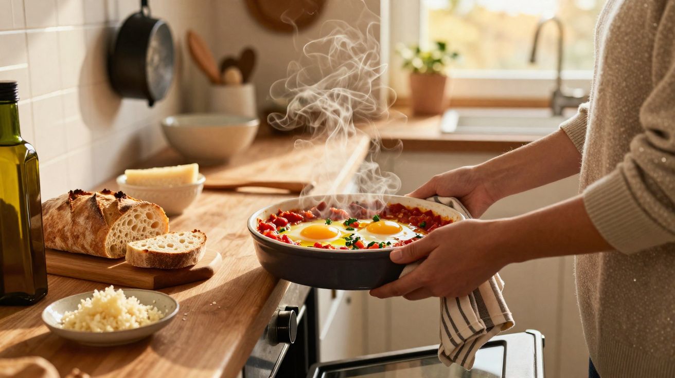 Pessoa segurando uma panela quente com ovos e molho vermelho recém-saída do forno na cozinha.