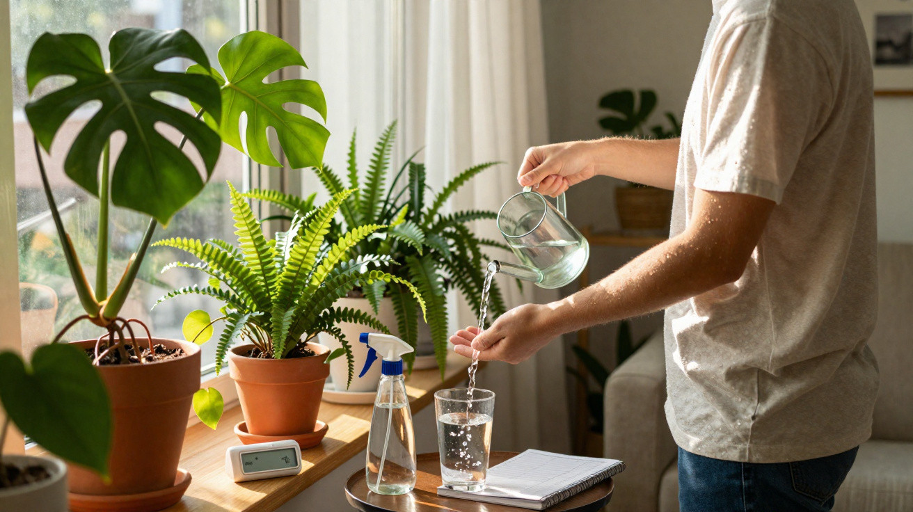 Pessoa regando plantas em vasos próximos a janela, com borrifador e caderno sobre a mesa.