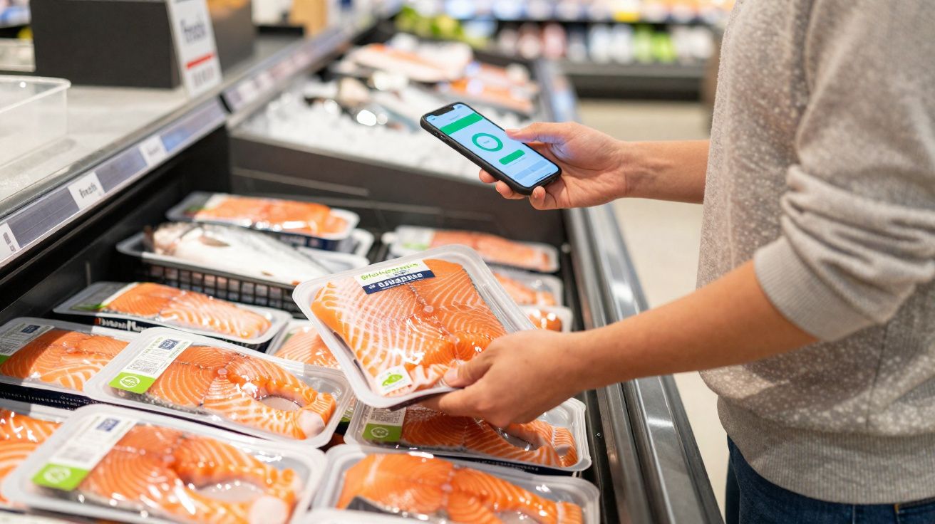 Pessoa segurando smartphone e embalagem de filé de salmão em supermercado, verificando informações no app.