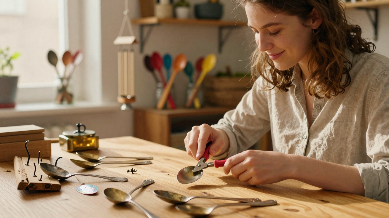 Mulher sorridente trabalhando em projetos artesanais com colheres antigas em uma mesa de madeira.