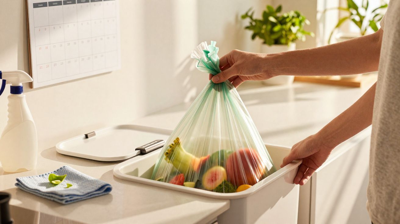 Pessoa segurando saco plástico com frutas na cozinha, com calendário e planta ao fundo.