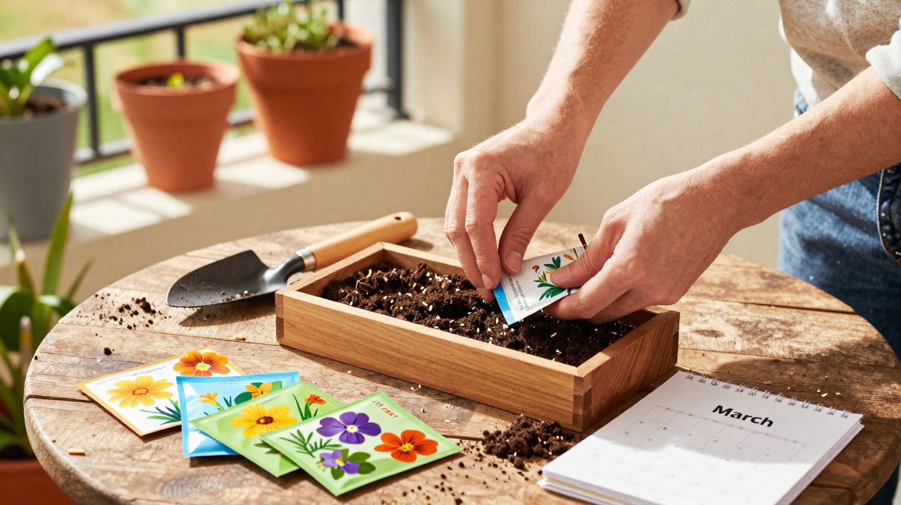 Pessoa plantando sementes em caixa de madeira com pacotes coloridos e calendário de março na mesa.