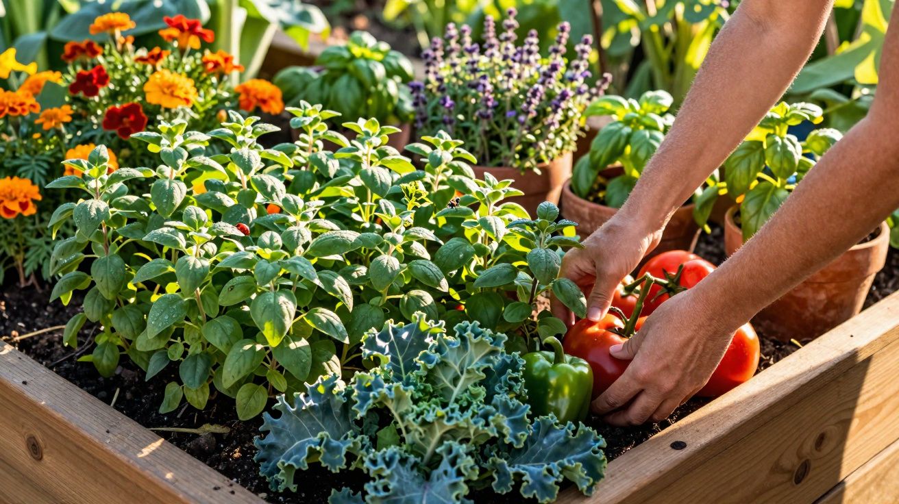 Mãos colhendo tomates em horta com plantas diversas e flores coloridas em canteiro de madeira.