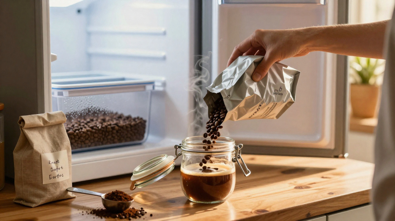 Pessoa despejando grãos de café em um pote de vidro com café quente na cozinha.