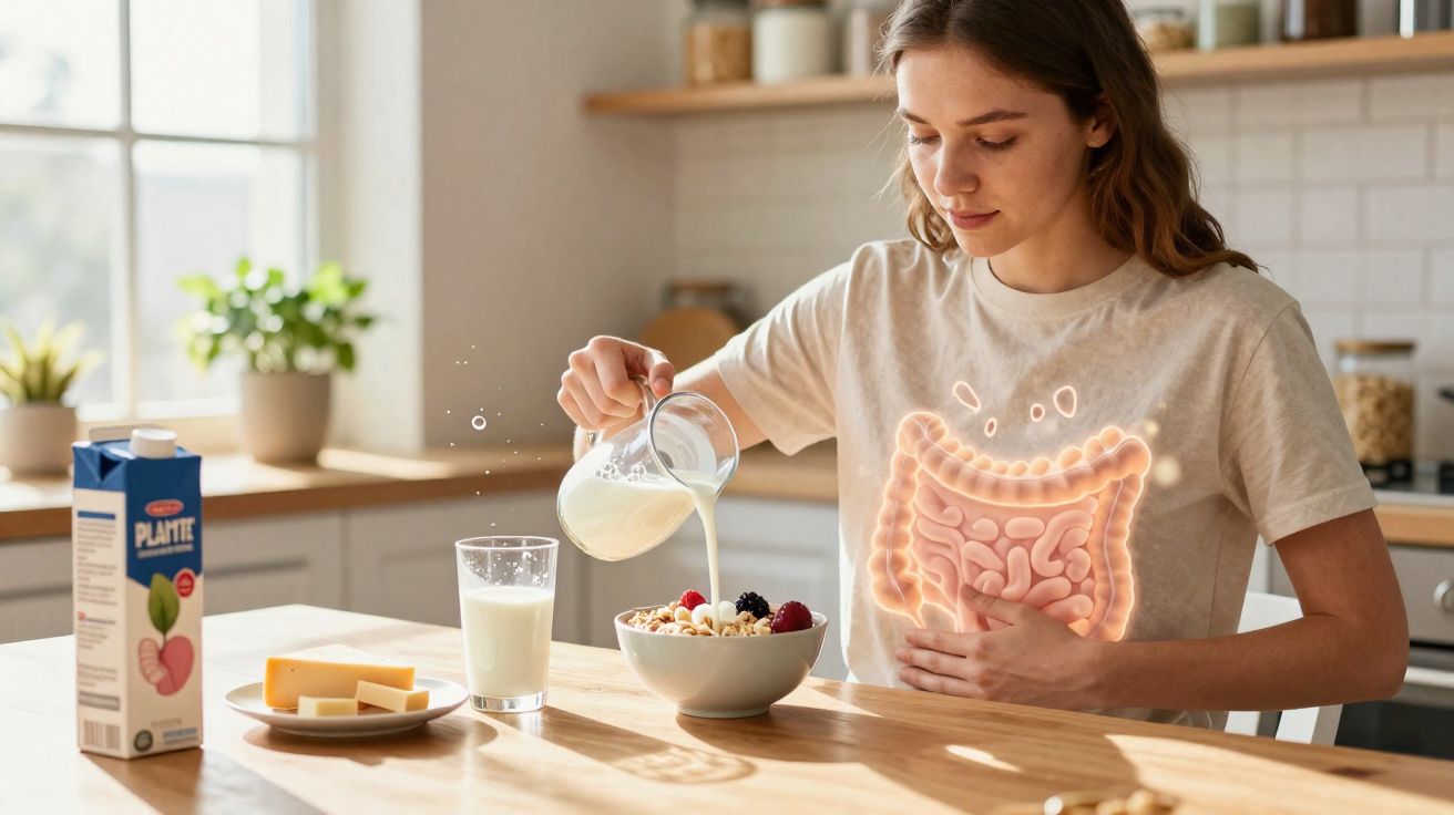 Mulher sentada à mesa na cozinha, servindo leite em uma tigela de cereal, com ilustração do intestino brilhante no abdômen.