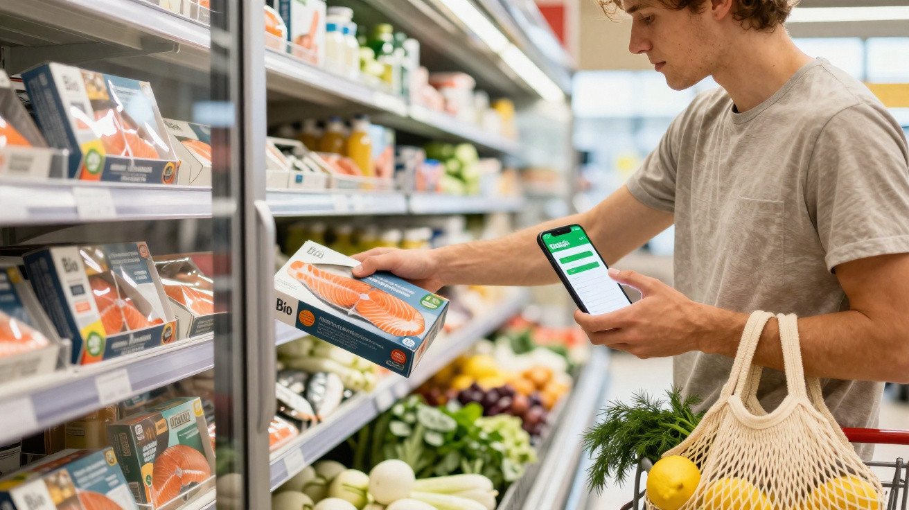 Jovem vestindo camiseta cinza segura smartphone e escolhe peixe congelado em supermercado.
