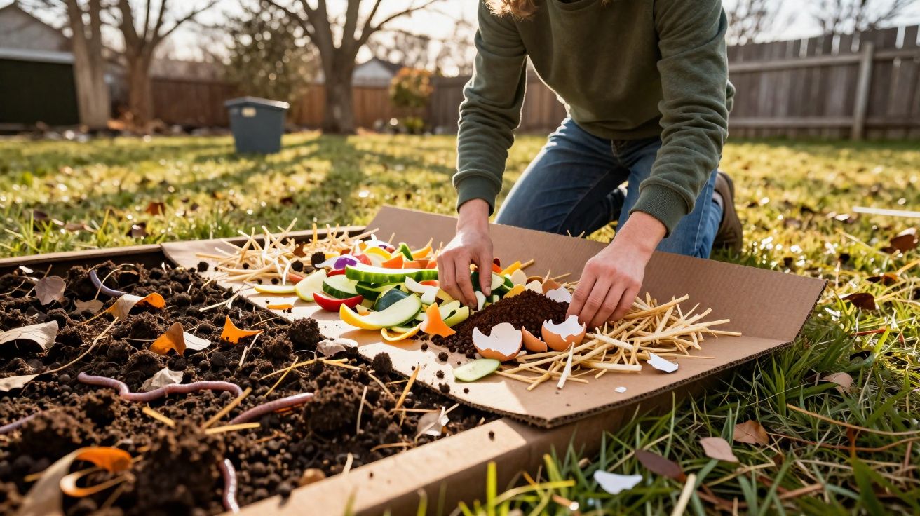 Pessoa organizando material para compostagem em caixa de papelão no jardim, com terra, cascas e restos vegetais.