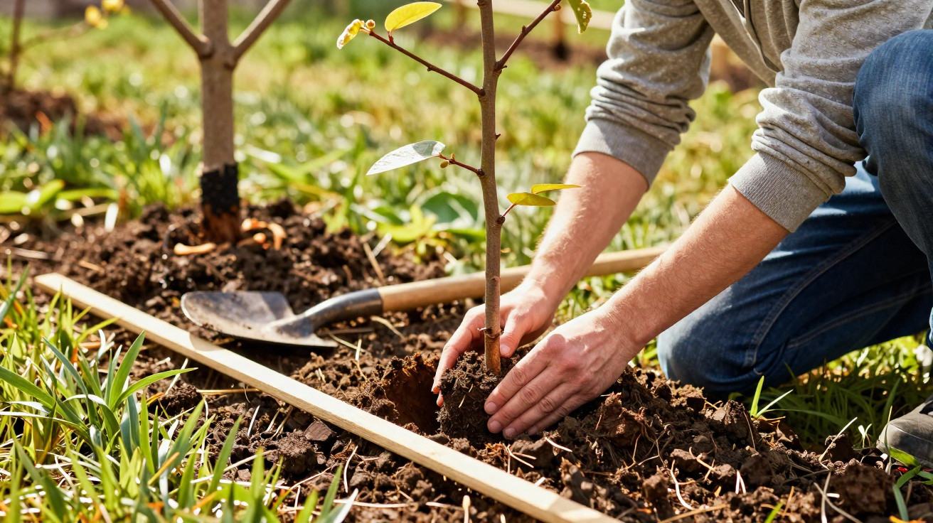Pessoa plantando muda de árvore em solo fértil em área gramada ensolarada.