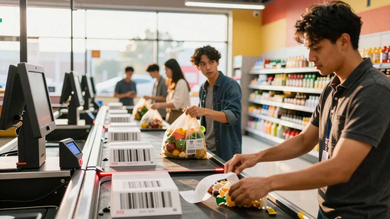 Funcionário de supermercado passsando produtos no caixa enquanto cliente aguarda com sacola de frutas.