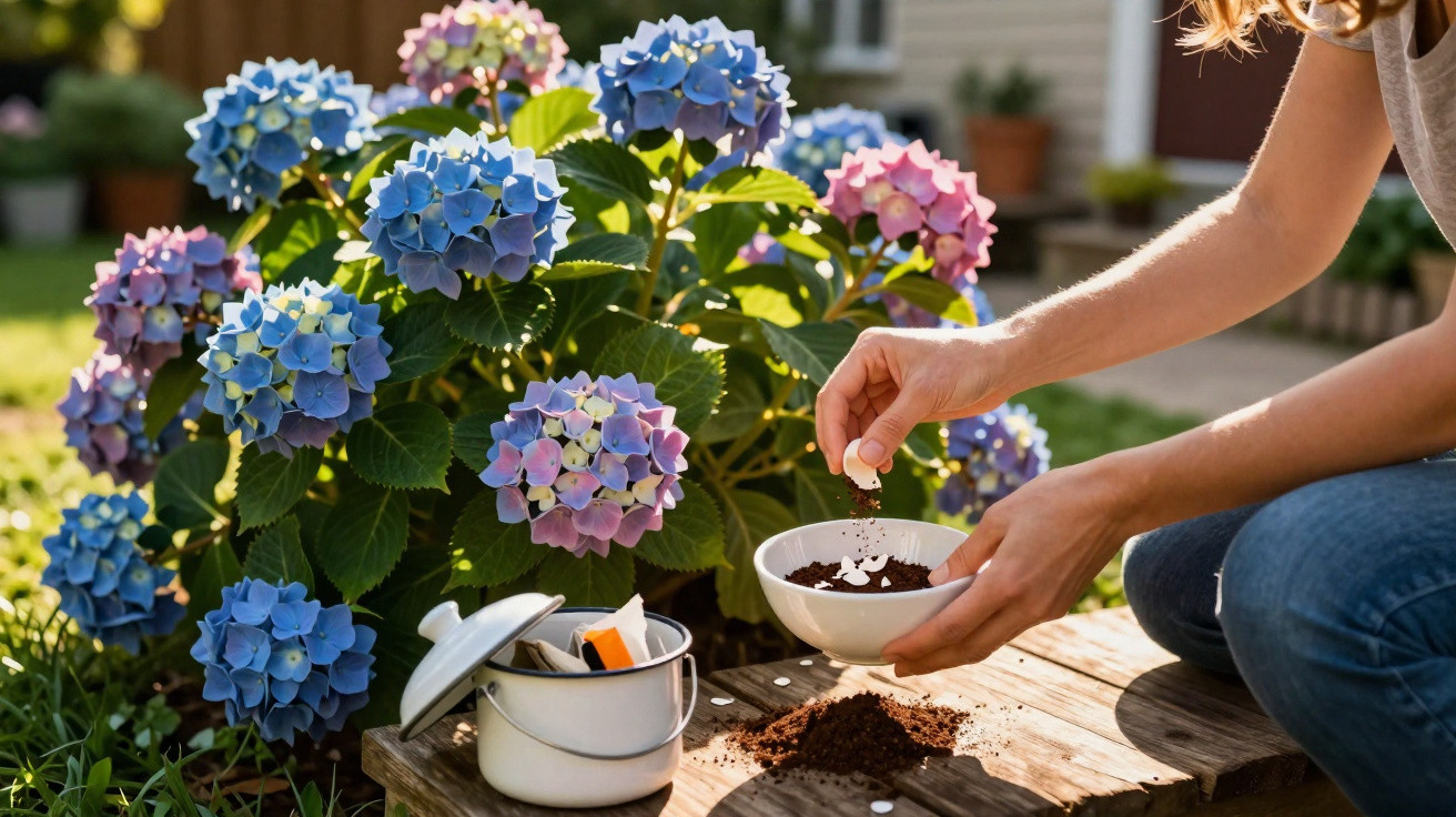 Pessoa semiautora plantando sementes em vaso branco próximo a hortênsias coloridas no jardim.