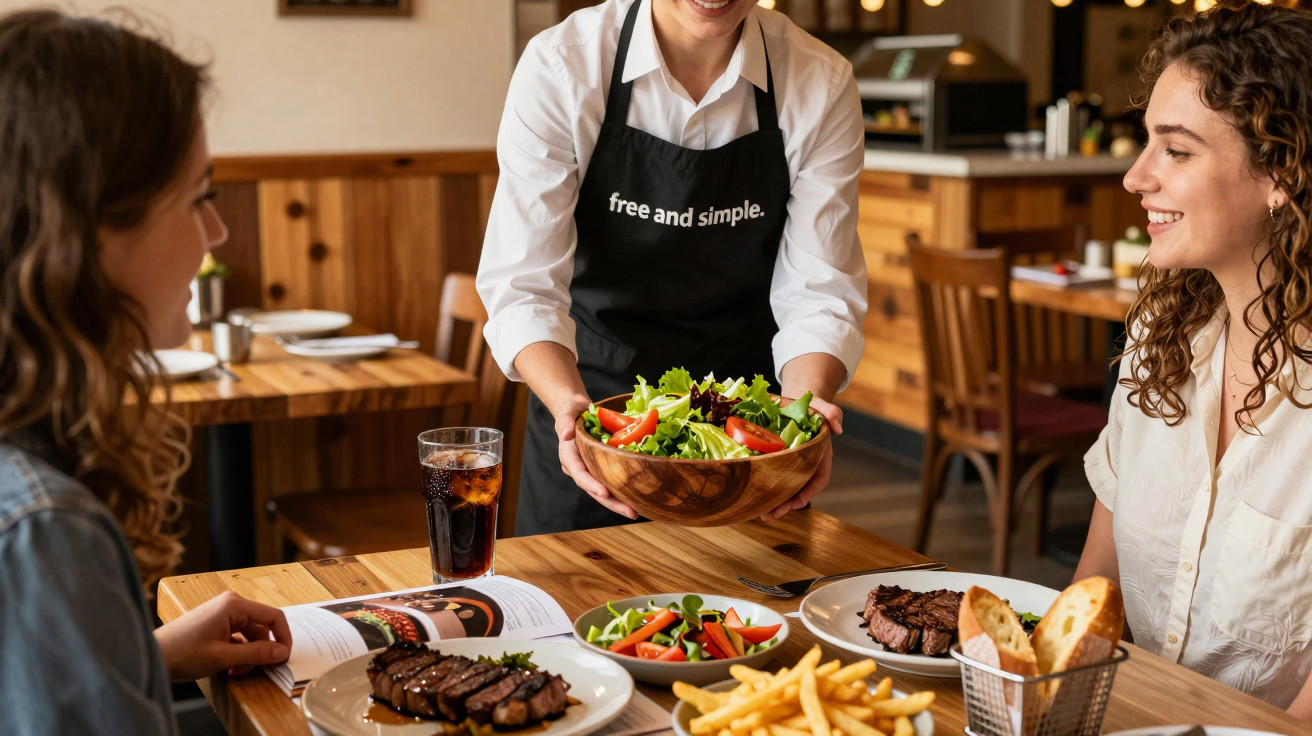Garçonete servindo salada para duas mulheres sentadas à mesa com pratos de carne, salada e batata frita.