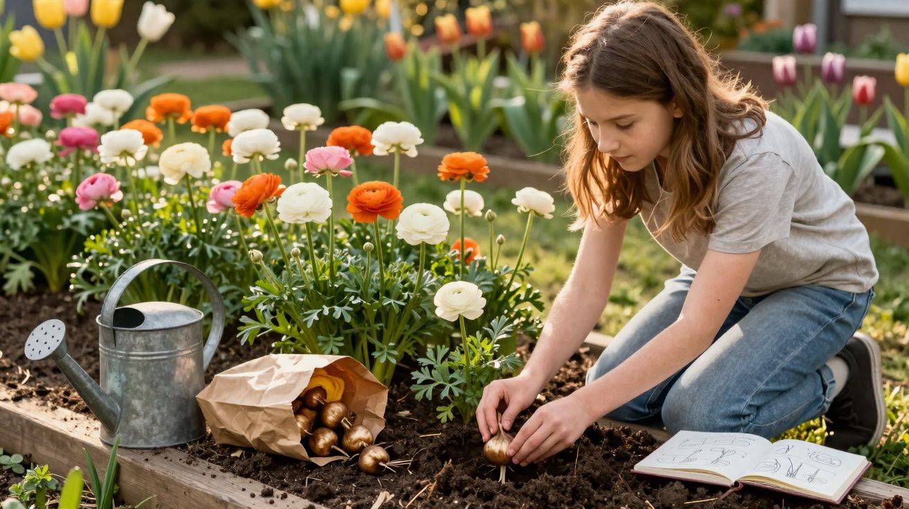 Menina plantando bulbos de flores em canteiro, com regador e caderno aberto ao lado.