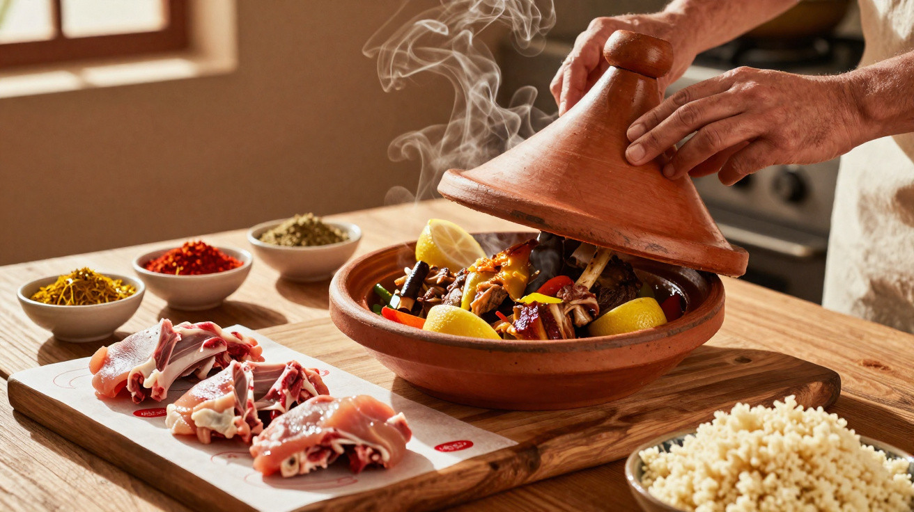 Pessoa tirando a tampa de uma tajine com carne, legumes e limão, ao lado de temperos, carne crua e cuscuz.