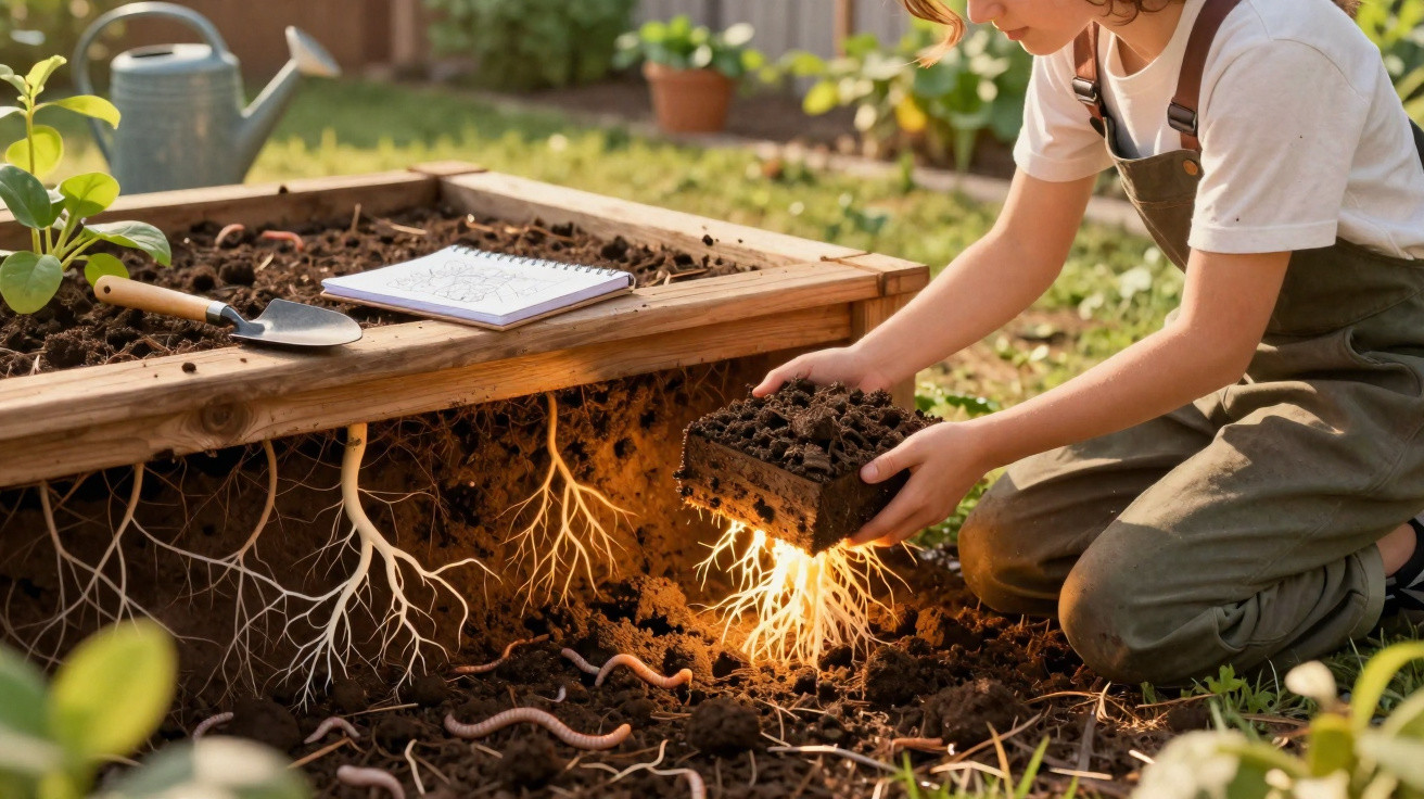 Criança segurando um bloco de terra com raízes brilhantes que conecta um jardim com minhocas.