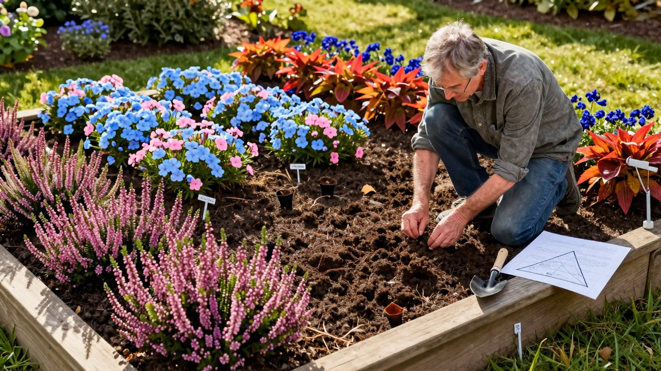 Homem plantando flores em canteiro ornamentado com plantas coloridas e plano de jardinagem ao lado.