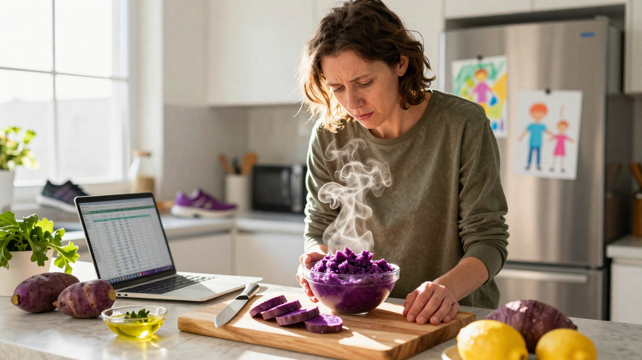 Mulher olhando vapor sair de batata-doce roxa amassada em uma tigela na cozinha moderna.