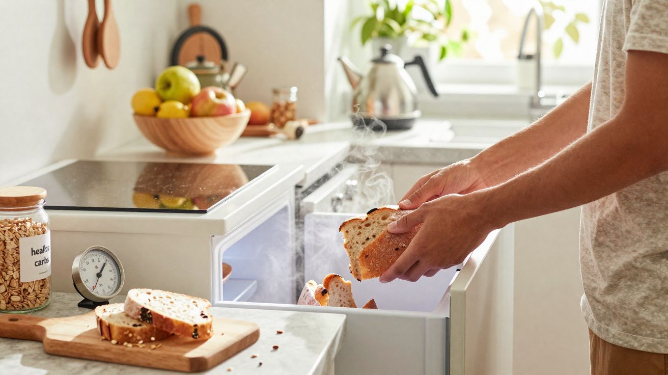 Pessoa retirando fatias de pão quente de um forno embutido na cozinha moderna iluminada.