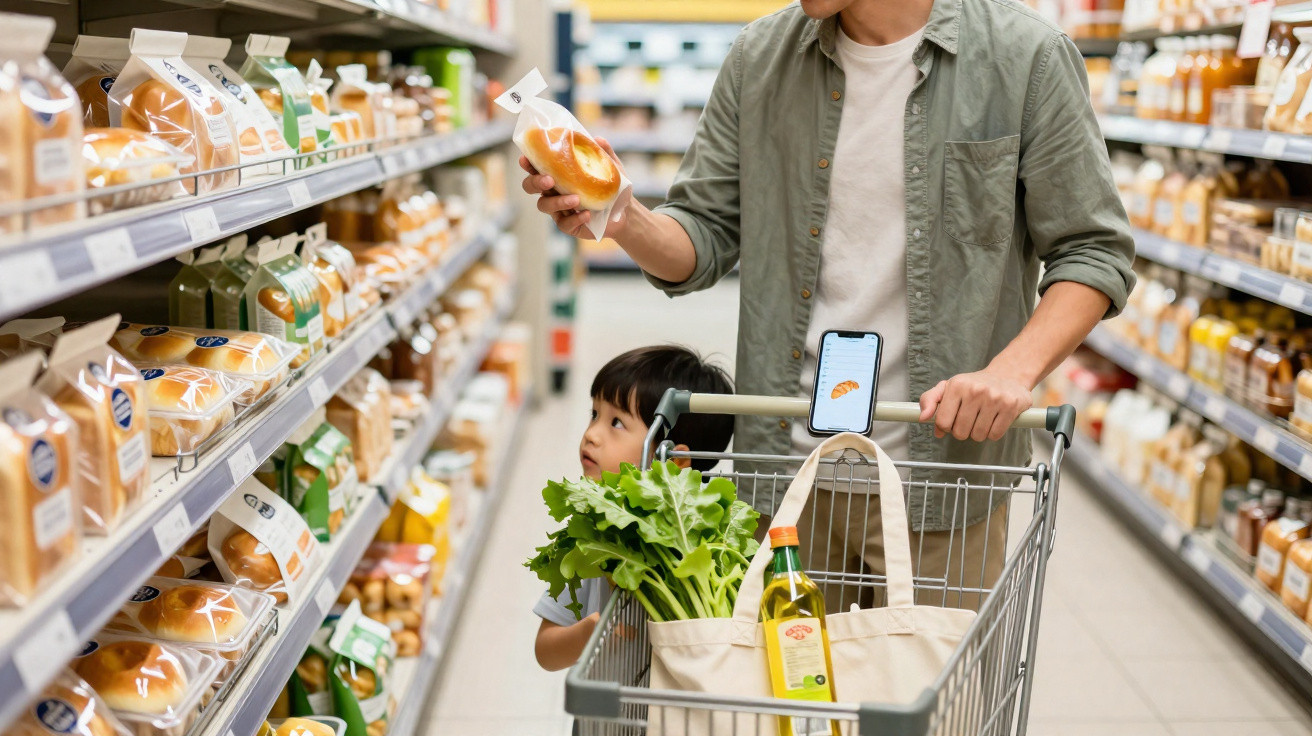 Homem com criança no carrinho de compras escolhe pão em supermercado, com legumes e óleo no carrinho.