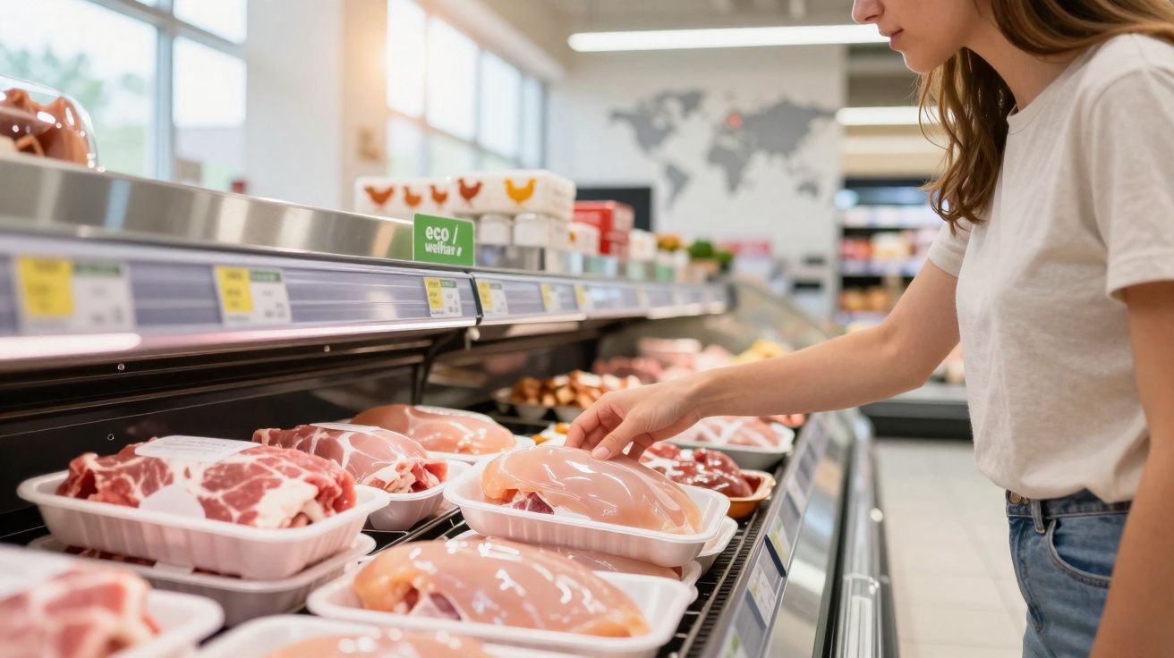 Mulher em supermercado escolhendo carne embalada na seção de carnes frescas.