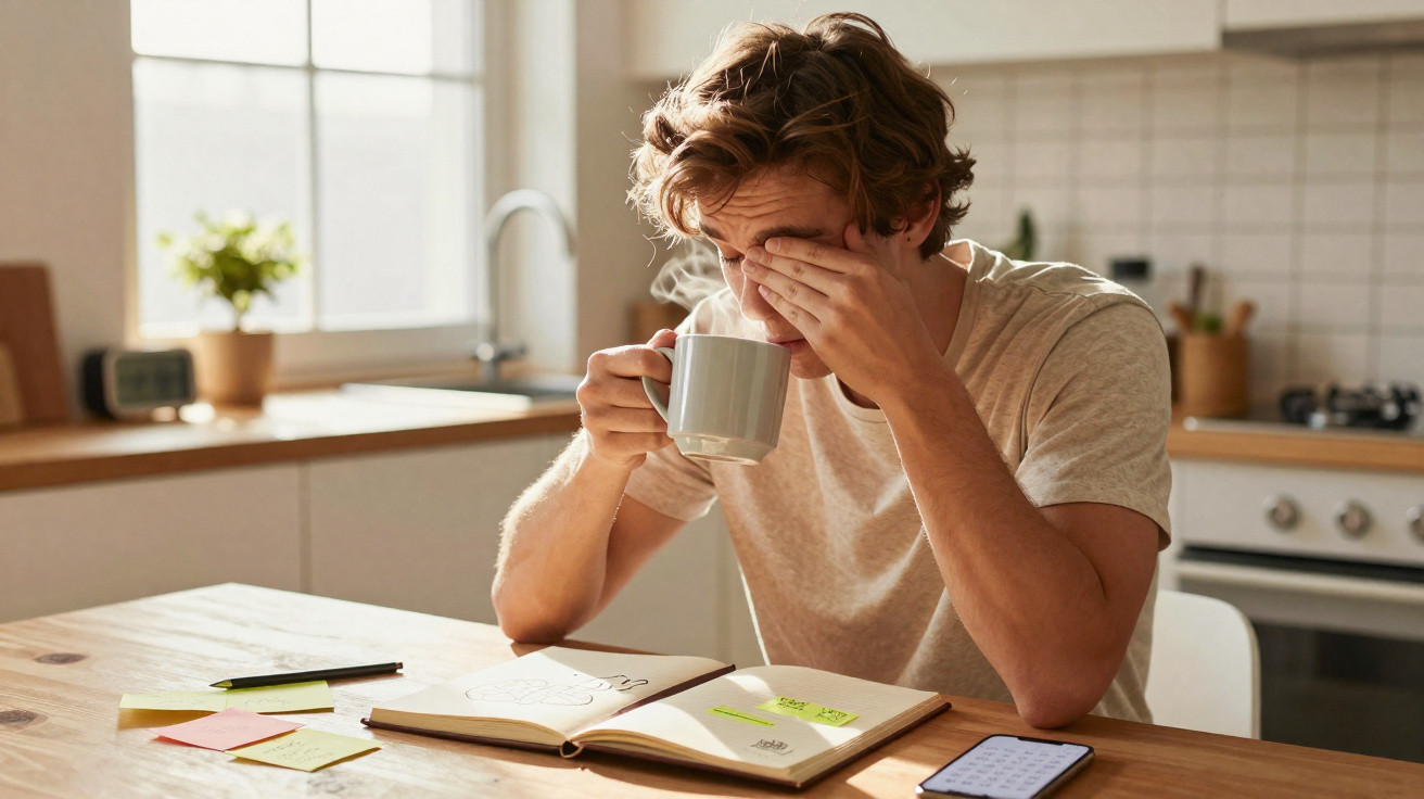 Homem jovem massageia os olhos enquanto segura uma caneca, sentado em mesa com caderno e celular na cozinha.