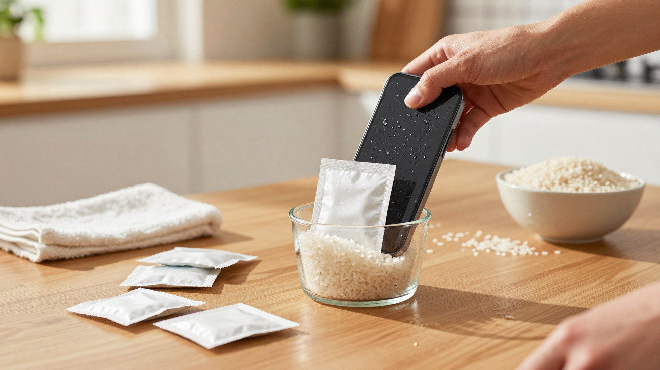 Mão segurando celular úmido sendo colocado em pote com arroz para secar, pacotes de sílica e arroz ao redor.
