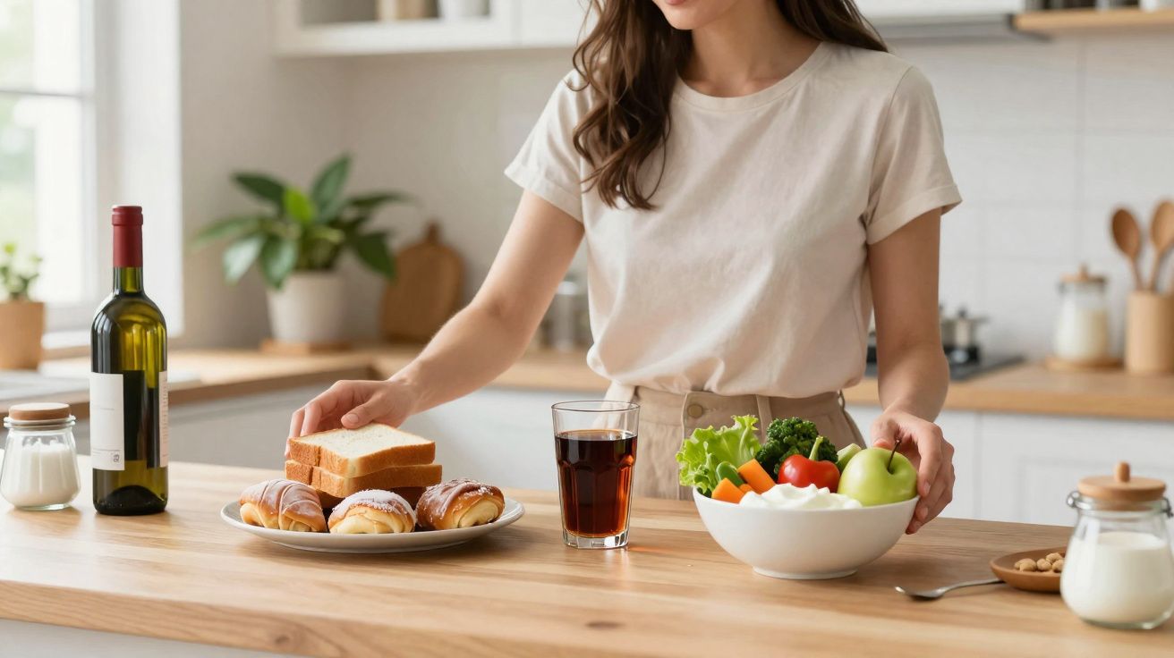 Mulher na cozinha segurando pratos com pães doces, fatias de pão, salada e bebida sobre bancada de madeira.