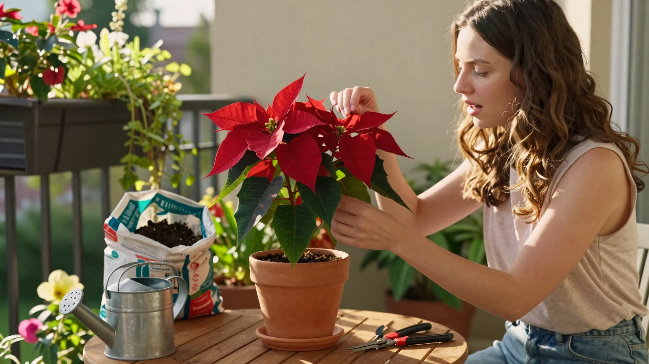 Mulher cuidando de uma planta com flores vermelhas em vaso em mesa de madeira ao ar livre.