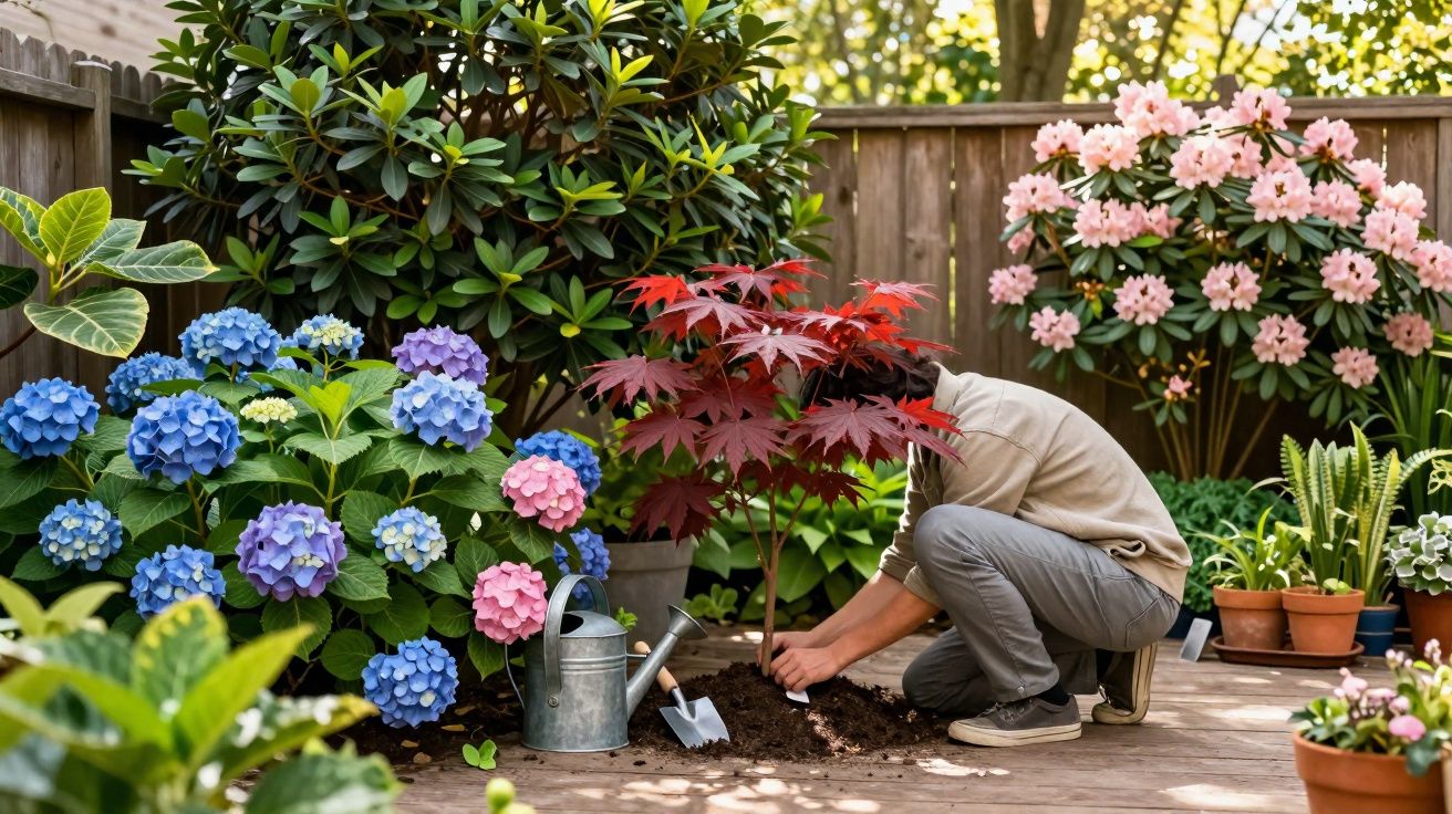 Pessoa plantando árvore pequena com folhas vermelhas em jardim com flores coloridas e regador ao lado.