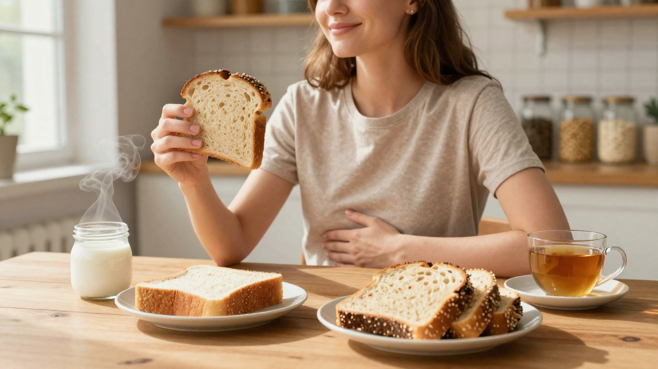 Mulher sentada à mesa, segurando fatia de pão, com copo de chá e pote de leite fumegante.