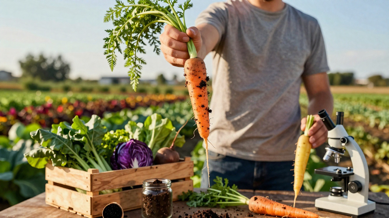 Pessoa segurando cenoura com terra em campo, com caixa de vegetais e microscópio sobre a mesa.