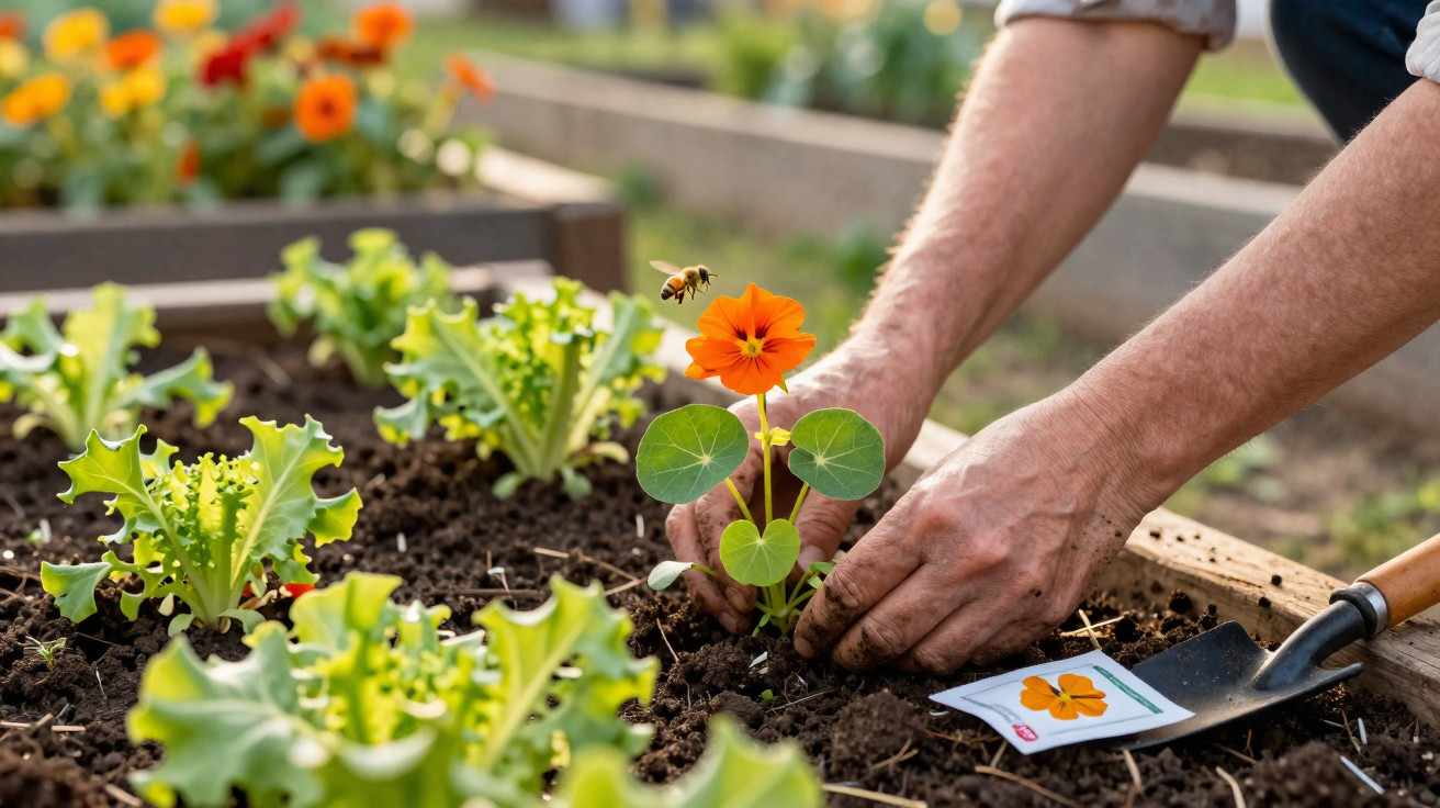 Mãos plantando flor laranja em canteiro de terra com alfaces ao redor em jardim ensolarado.