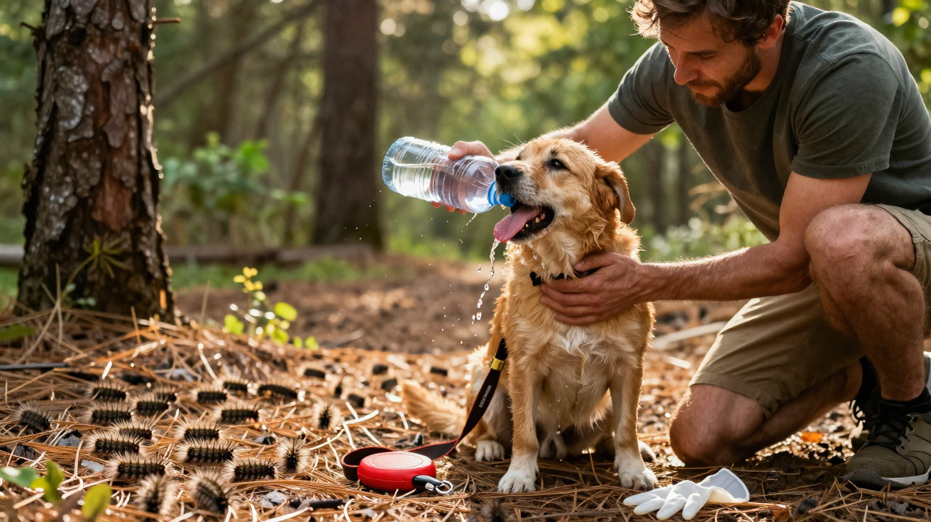 Homem dá água para cachorro sentado em trilha de mata com pinheiros ao redor.