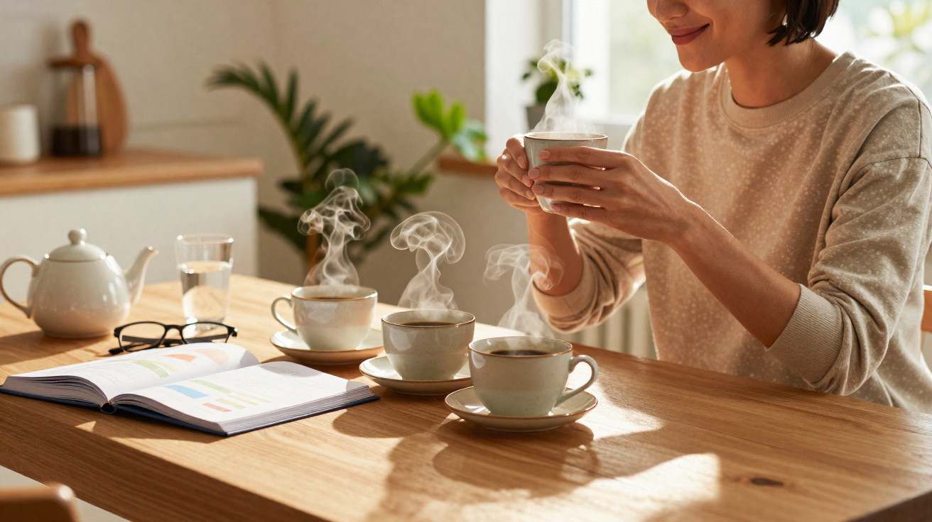 Pessoa segurando xícara de café quente em mesa com três xícaras fumegantes, livro e jarra de água.