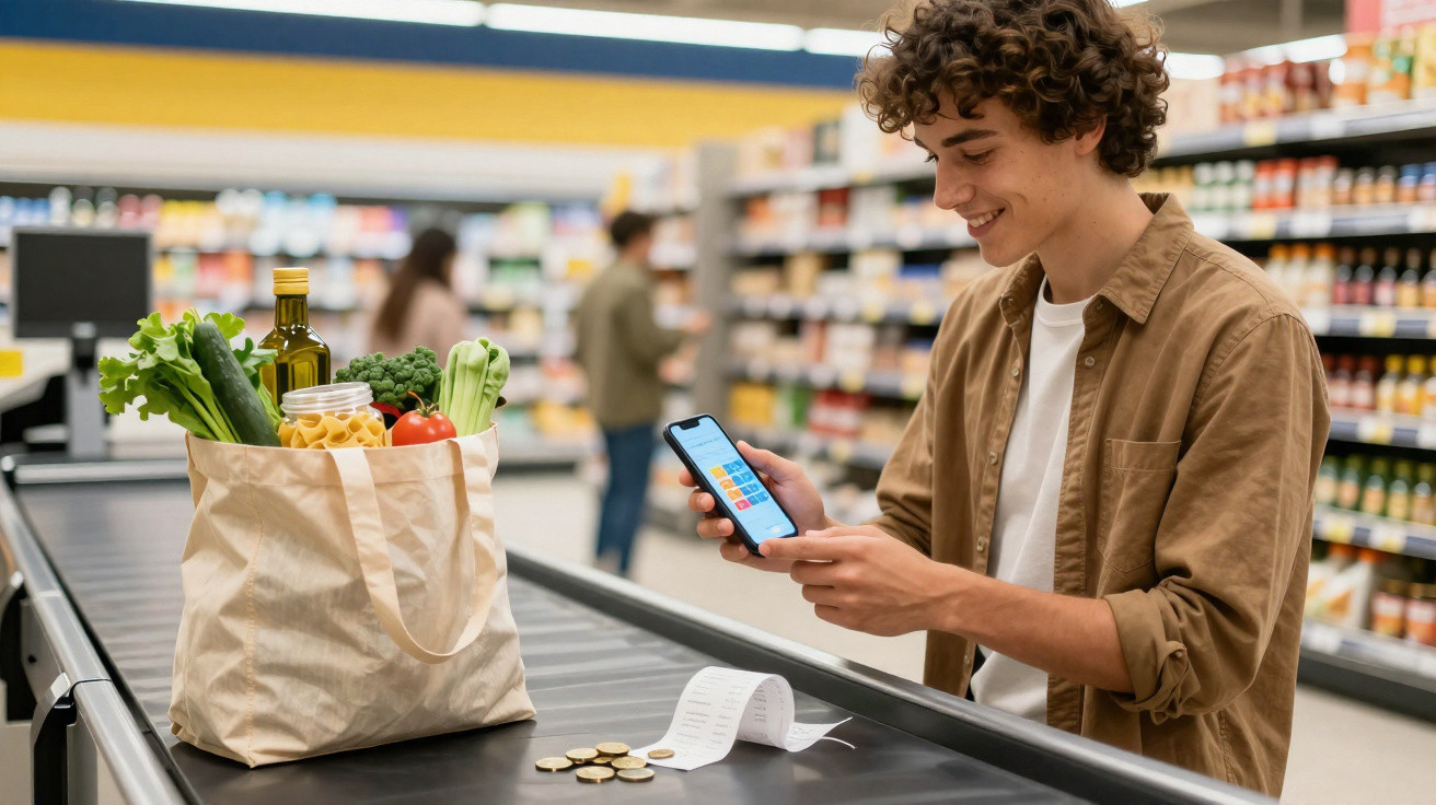 Jovem sorrindo usa celular para pagar compras em supermercado com sacola reutilizável cheia de alimentos frescos.