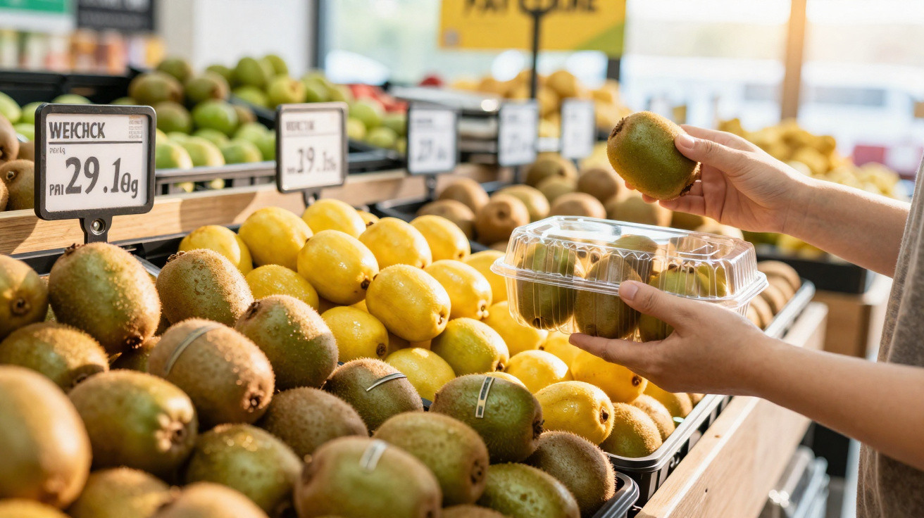 Pessoa escolhendo kiwi em mercado com várias frutas expostas em bandejas e etiquetas de preço.