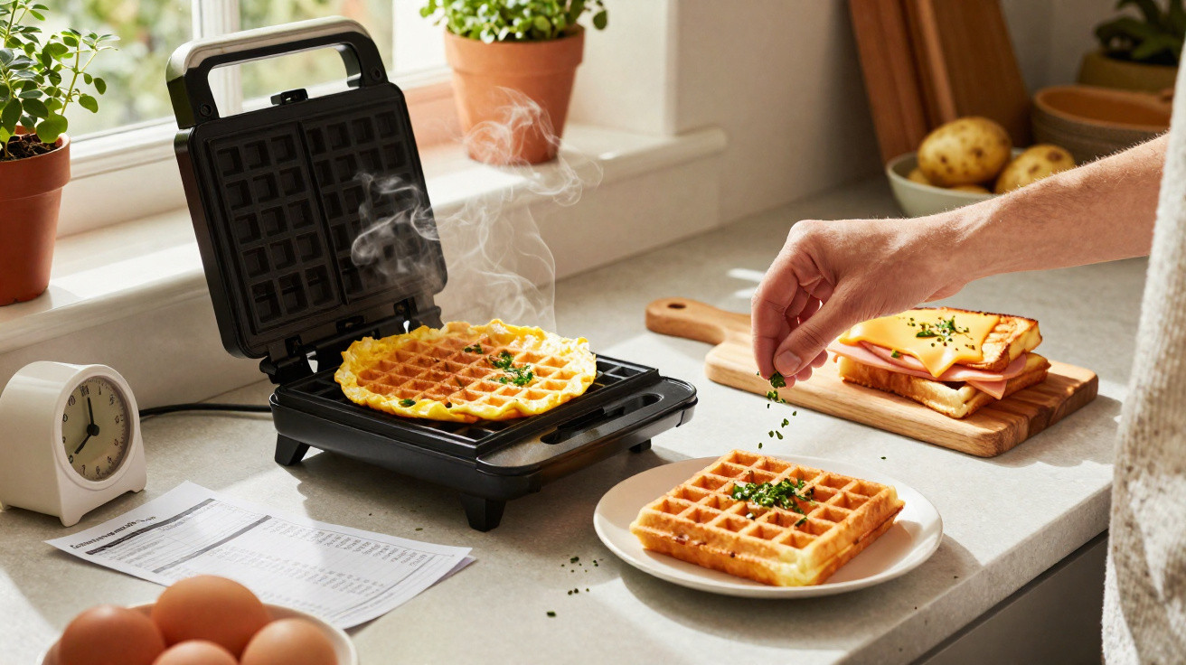 Pessoa polvilhando tempero em waffles frescos ao lado de máquina de waffles e sanduíche na bancada da cozinha.