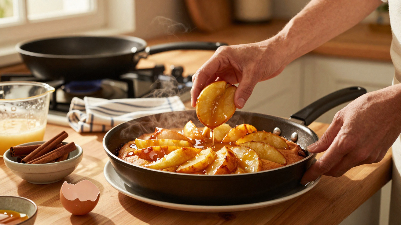 Mãos decoram torta com fatias de maçã caramelizadas em frigideira na cozinha.