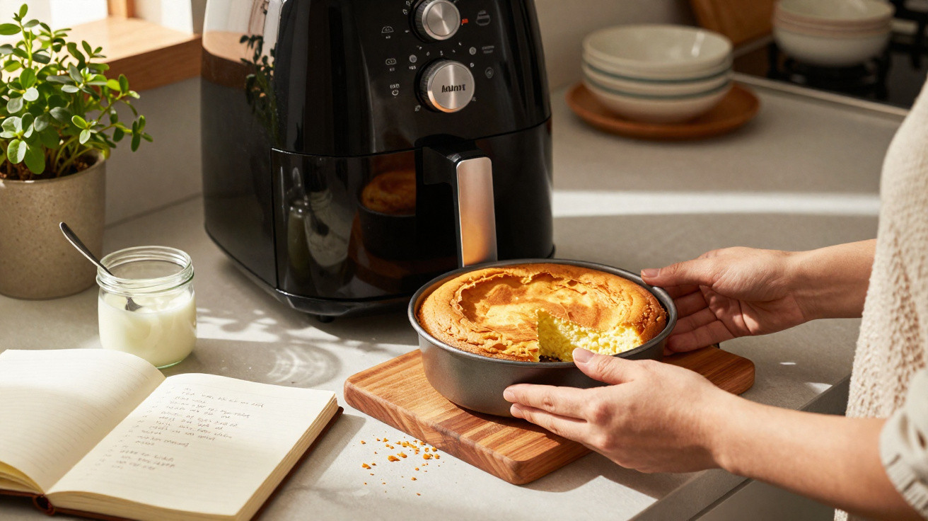 Pessoa tirando bolo assado em forma redonda de airfryer preta em cozinha iluminada natural.