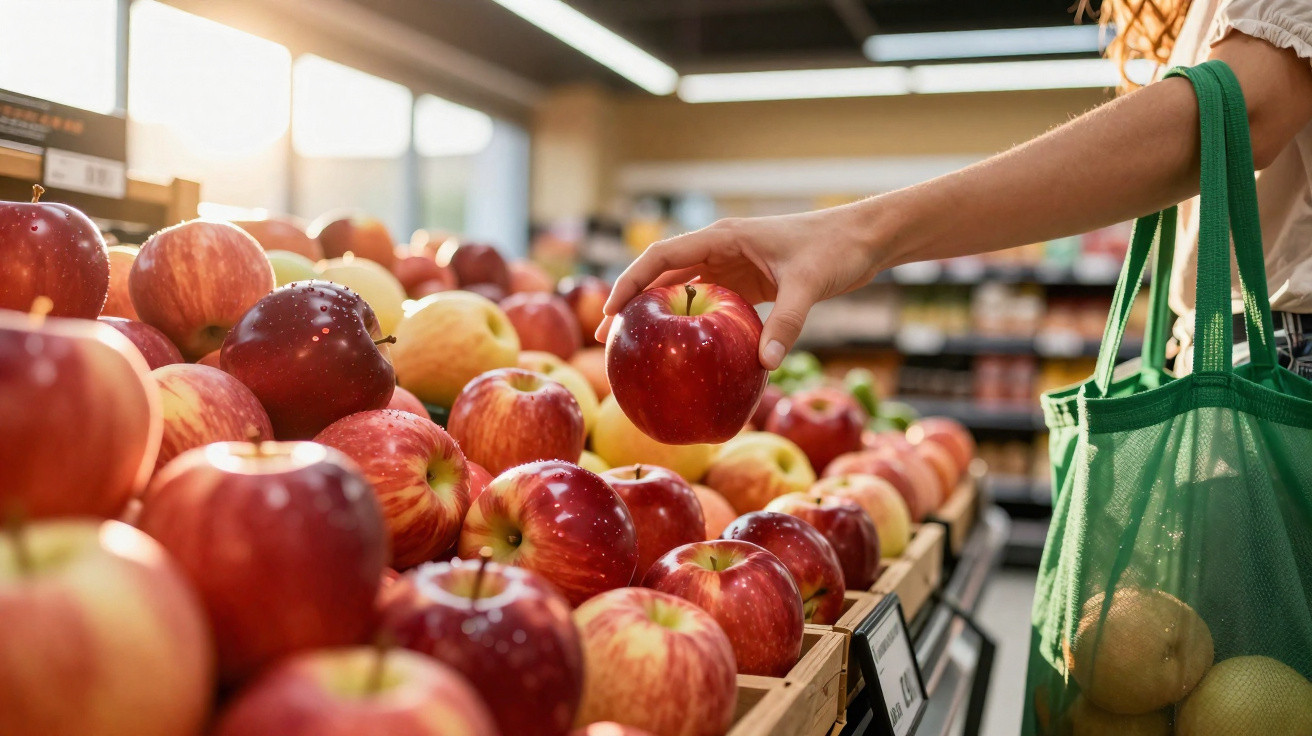 Pessoa pega maçã vermelha em mercado, com sacola verde e várias maçãs no balcão.