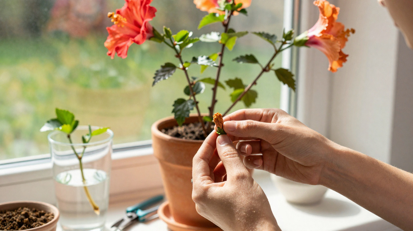 Mãos segurando broto de flor ao lado de vaso com hibiscos laranja em peitoril de janela iluminado.