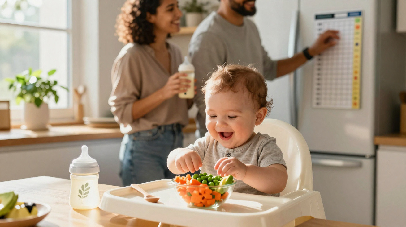 Bebê sentado em cadeirão com tigela de legumes, pais sorrindo ao fundo na cozinha iluminada.