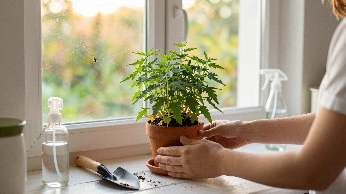 Pessoa cuidando de planta em vaso de barro na janela com regador e pá de jardinagem ao lado.