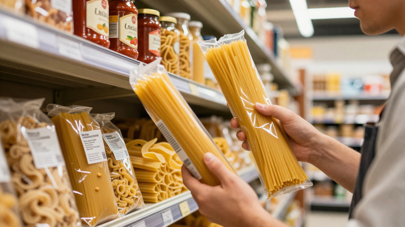 Pessoa segurando pacotes de macarrão espaguete em corredor de supermercado.