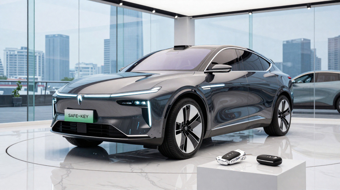 Carro elétrico cinza brilhante em exposição, com chave eletrônica em pedestal próximo, cenário urbano ao fundo.