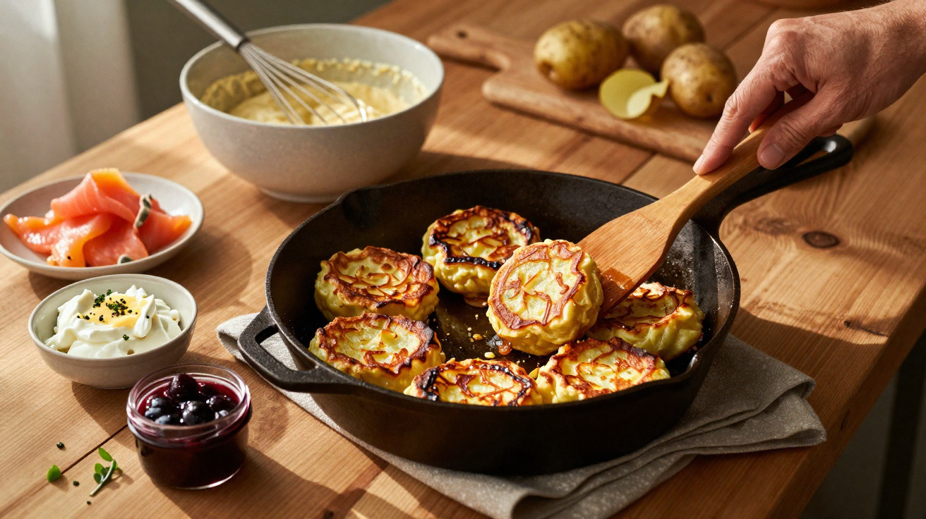 Panela de ferro com batatas gratinadas douradas, ao lado de cremes, salmão defumado e molho em mesa de madeira.
