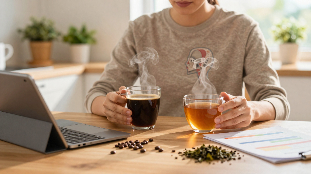 Pessoa sentada à mesa segurando café e chá quente, com laptop e gráficos à sua frente.