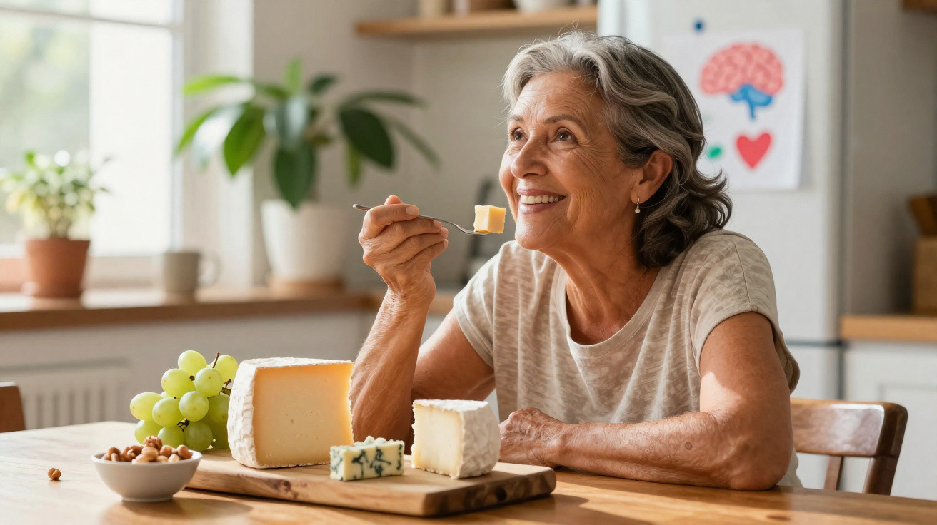 Mulher idosa sorrindo enquanto come queijo sentada à mesa com diversos queijos, uvas e castanhas.