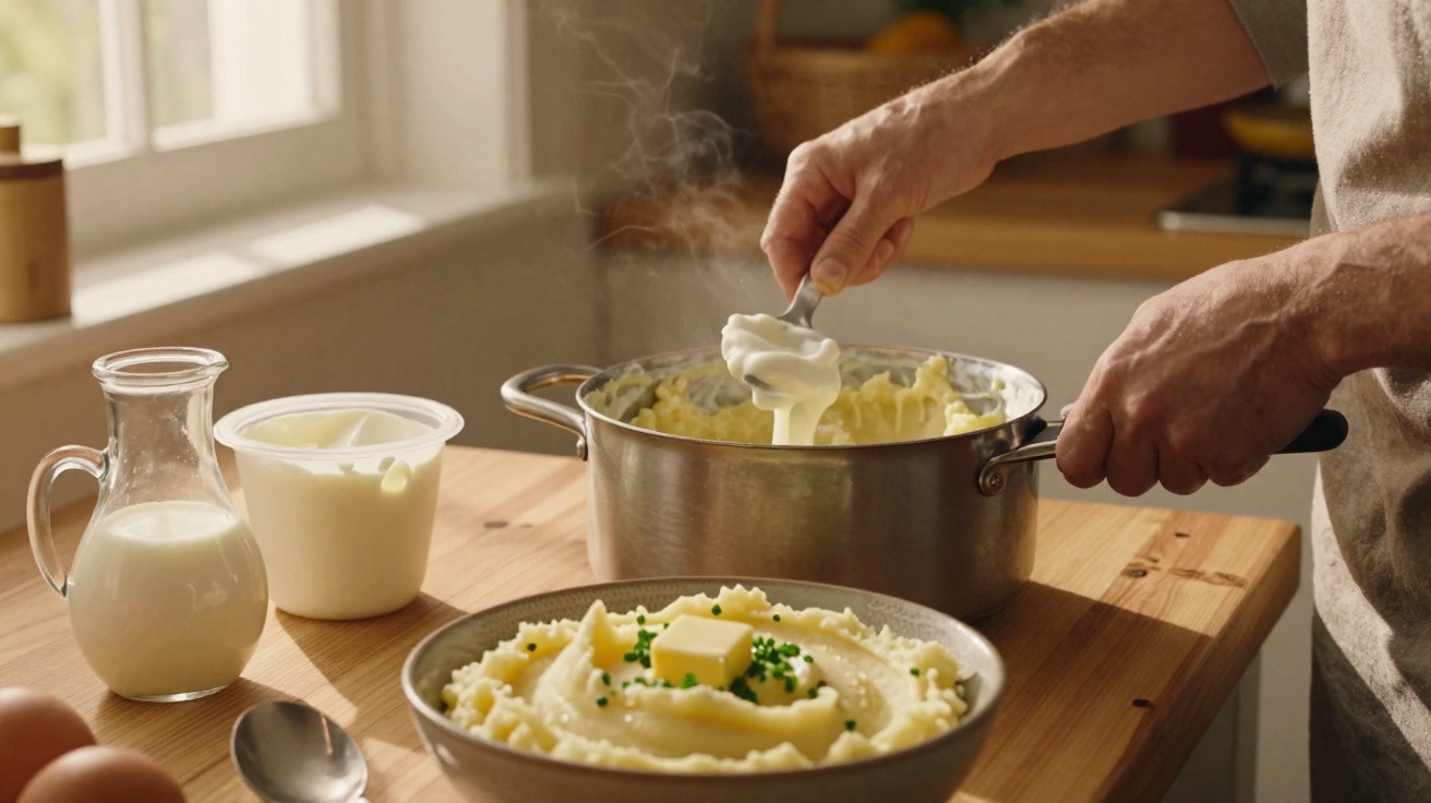 Pessoa preparando purê de batatas cremoso em panela com ingredientes ao redor em bancada de cozinha.