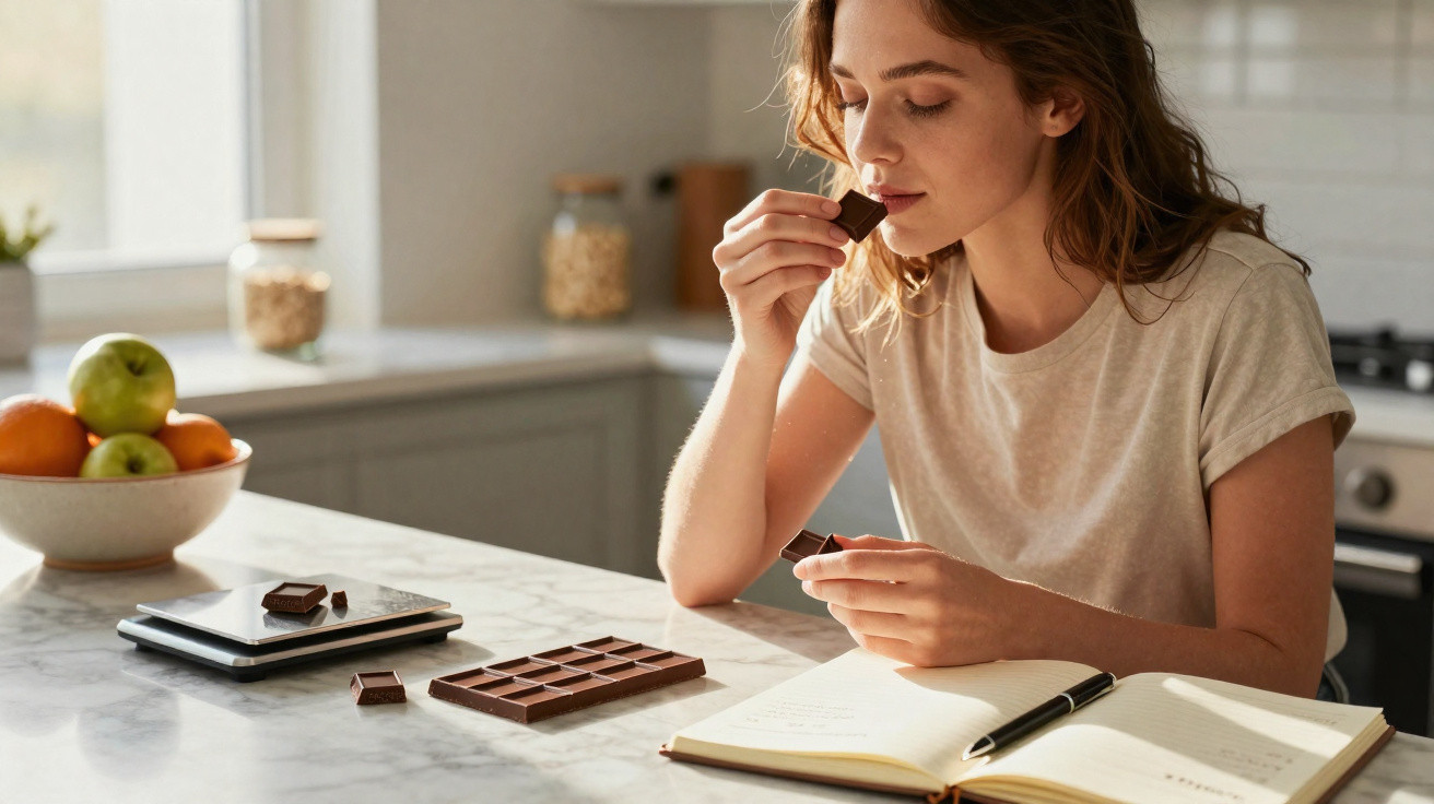 Mulher cheirando um pedaço de chocolate enquanto senta à mesa com caderno aberto na cozinha.